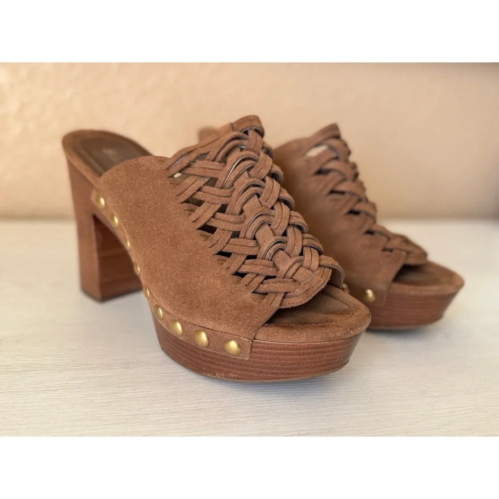Michael Kors Brown Suede Woven Platform Mules Studded Block Heel 8M 38.5